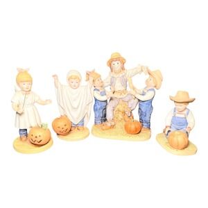 Homco Denim Days Halloween Fall Figurines Set of 4 Porcelain Bisque 1985